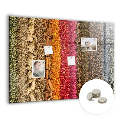 Magnetic glass dry erase board featuring a spice rack design
