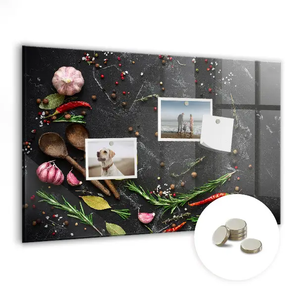 Magnetic glass dry erase board featuring spices on the counter