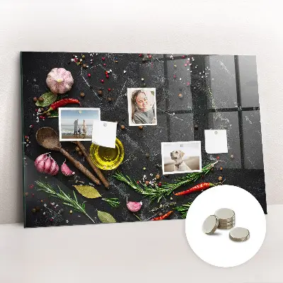 Magnetic glass dry erase board featuring spices on the counter