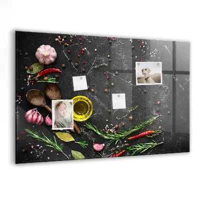 Magnetic glass dry erase board featuring spices on the counter