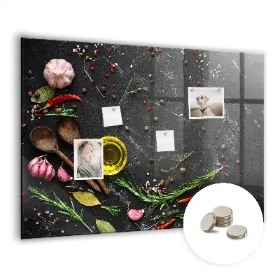 Magnetic glass dry erase board featuring spices on the counter
