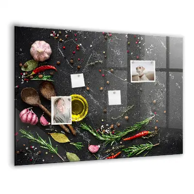 Magnetic glass dry erase board featuring spices on the counter