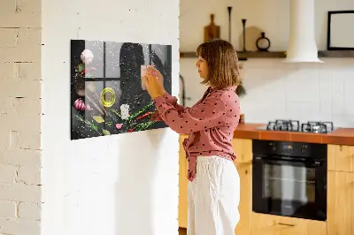 Magnetic glass dry erase board featuring spices on the counter