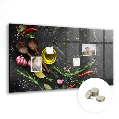 Magnetic glass dry erase board featuring spices on the counter