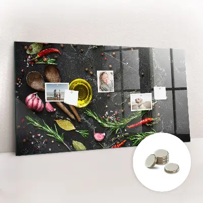 Magnetic glass dry erase board featuring spices on the counter