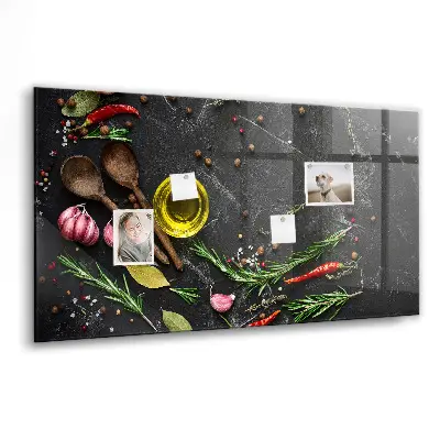 Magnetic glass dry erase board featuring spices on the counter