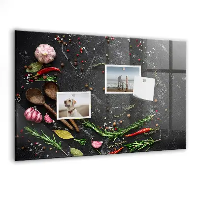 Magnetic glass dry erase board featuring spices on the counter