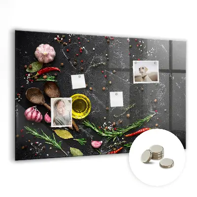Magnetic glass dry erase board featuring spices on the counter