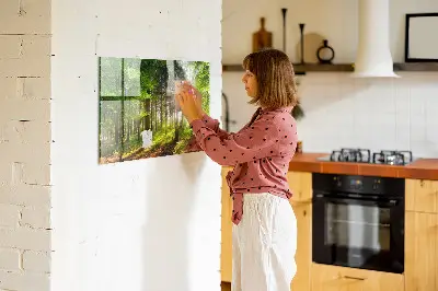Magnetic glass dry erase board featuring a forest sunrise
