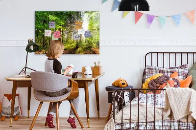 Magnetic glass dry erase board featuring a forest sunrise