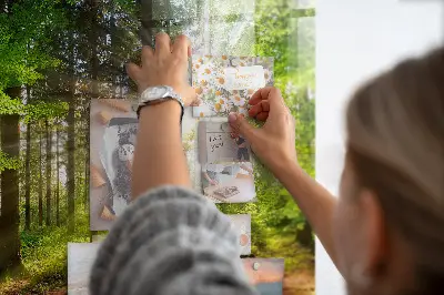 Magnetic glass dry erase board featuring a forest sunrise