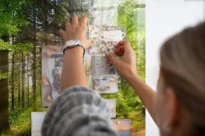 Magnetic glass dry erase board featuring a forest sunrise
