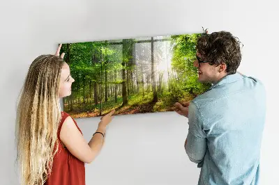 Magnetic glass dry erase board featuring a forest sunrise