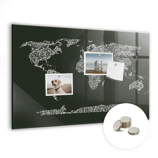 Magnetic wall board featuring names of the continents