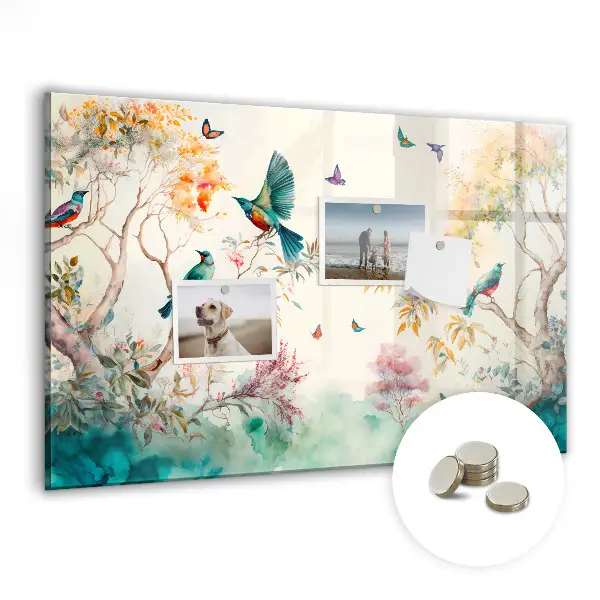 Magnetic glass dry erase board featuring flowers and birds nature design