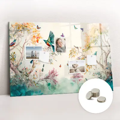 Magnetic glass dry erase board featuring flowers and birds nature design