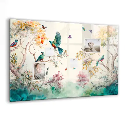 Magnetic glass dry erase board featuring flowers and birds nature design