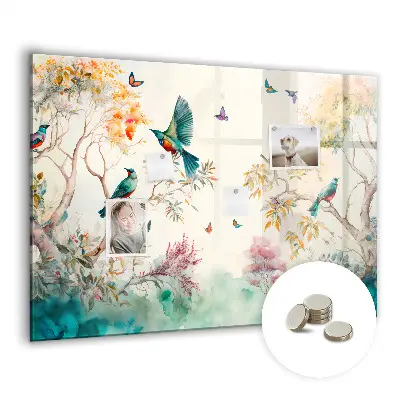 Magnetic glass dry erase board featuring flowers and birds nature design