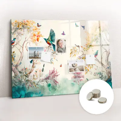 Magnetic glass dry erase board featuring flowers and birds nature design