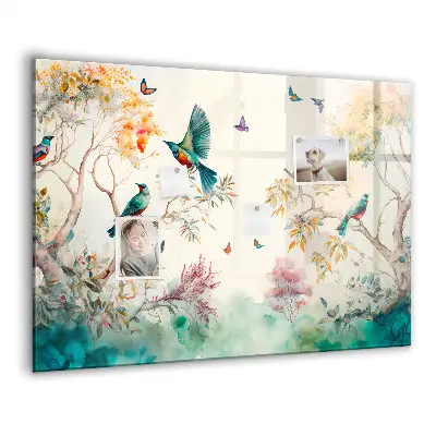 Magnetic glass dry erase board featuring flowers and birds nature design