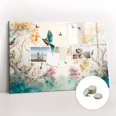 Magnetic glass dry erase board featuring flowers and birds nature design