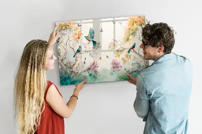 Magnetic glass dry erase board featuring flowers and birds nature design