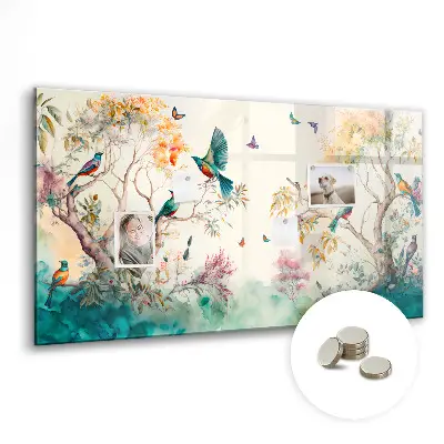 Magnetic glass dry erase board featuring flowers and birds nature design