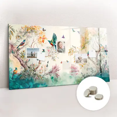 Magnetic glass dry erase board featuring flowers and birds nature design