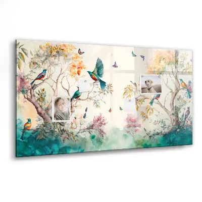 Magnetic glass dry erase board featuring flowers and birds nature design