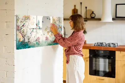 Magnetic glass dry erase board featuring flowers and birds nature design