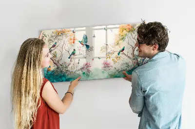 Magnetic glass dry erase board featuring flowers and birds nature design