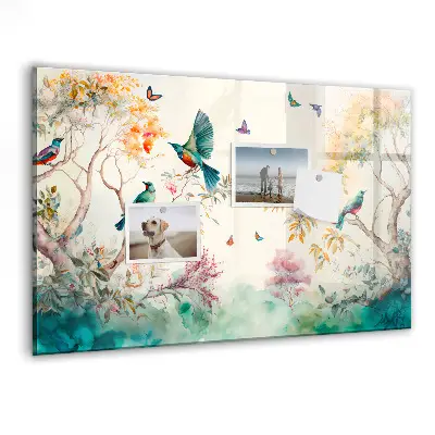 Magnetic glass dry erase board featuring flowers and birds nature design