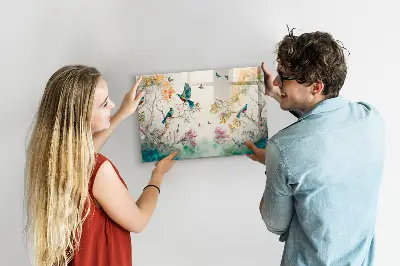 Magnetic glass dry erase board featuring flowers and birds nature design