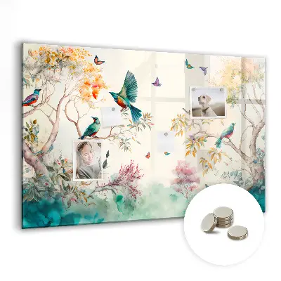 Magnetic glass dry erase board featuring flowers and birds nature design