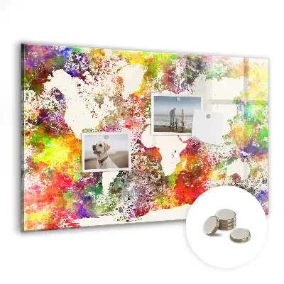 Magnetic wall board with a watercolor world map