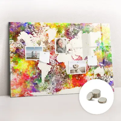 Magnetic wall board with a watercolor world map