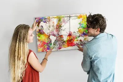 Magnetic wall board with a watercolor world map