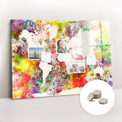 Magnetic wall board with a watercolor world map