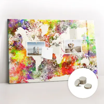 Magnetic wall board with a watercolor world map