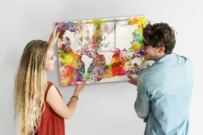 Magnetic wall board with a watercolor world map