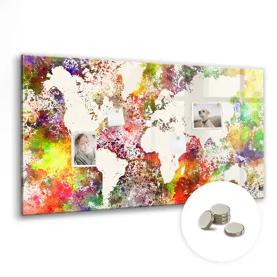 Magnetic wall board with a watercolor world map