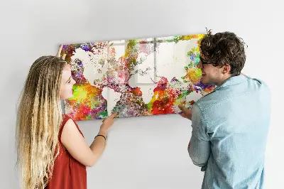 Magnetic wall board with a watercolor world map