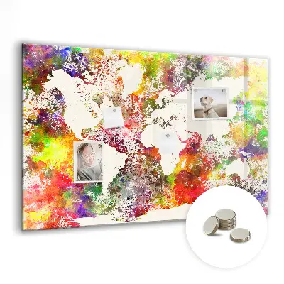 Magnetic wall board with a watercolor world map