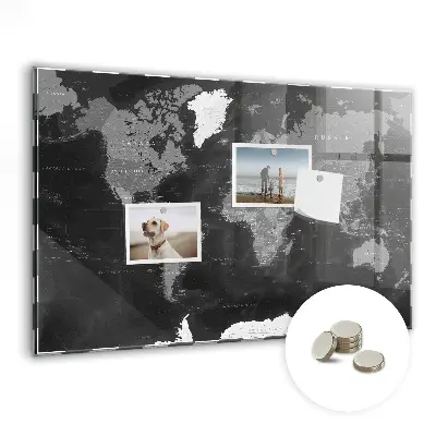 Magnetic Glass Dry Erase Board with World Map Design in Black