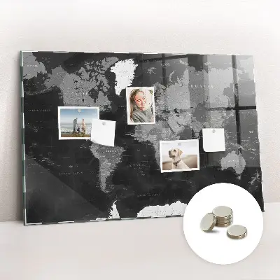 Magnetic Glass Dry Erase Board with World Map Design in Black