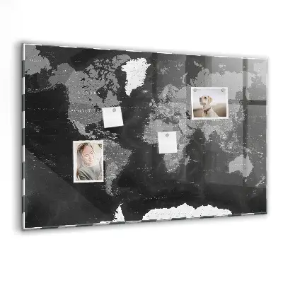 Magnetic Glass Dry Erase Board with World Map Design in Black