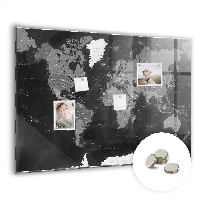 Magnetic Glass Dry Erase Board with World Map Design in Black