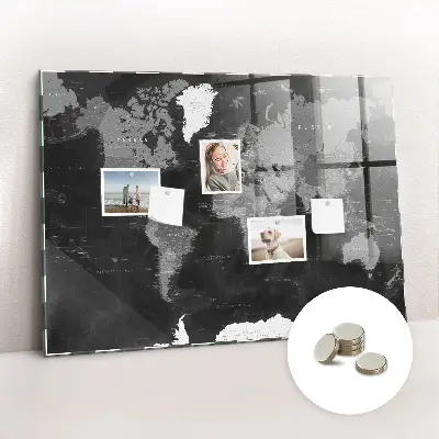 Magnetic Glass Dry Erase Board with World Map Design in Black