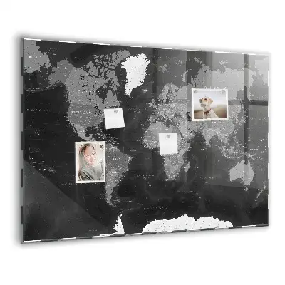 Magnetic Glass Dry Erase Board with World Map Design in Black