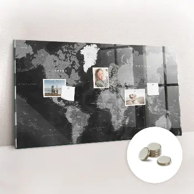 Magnetic Glass Dry Erase Board with World Map Design in Black